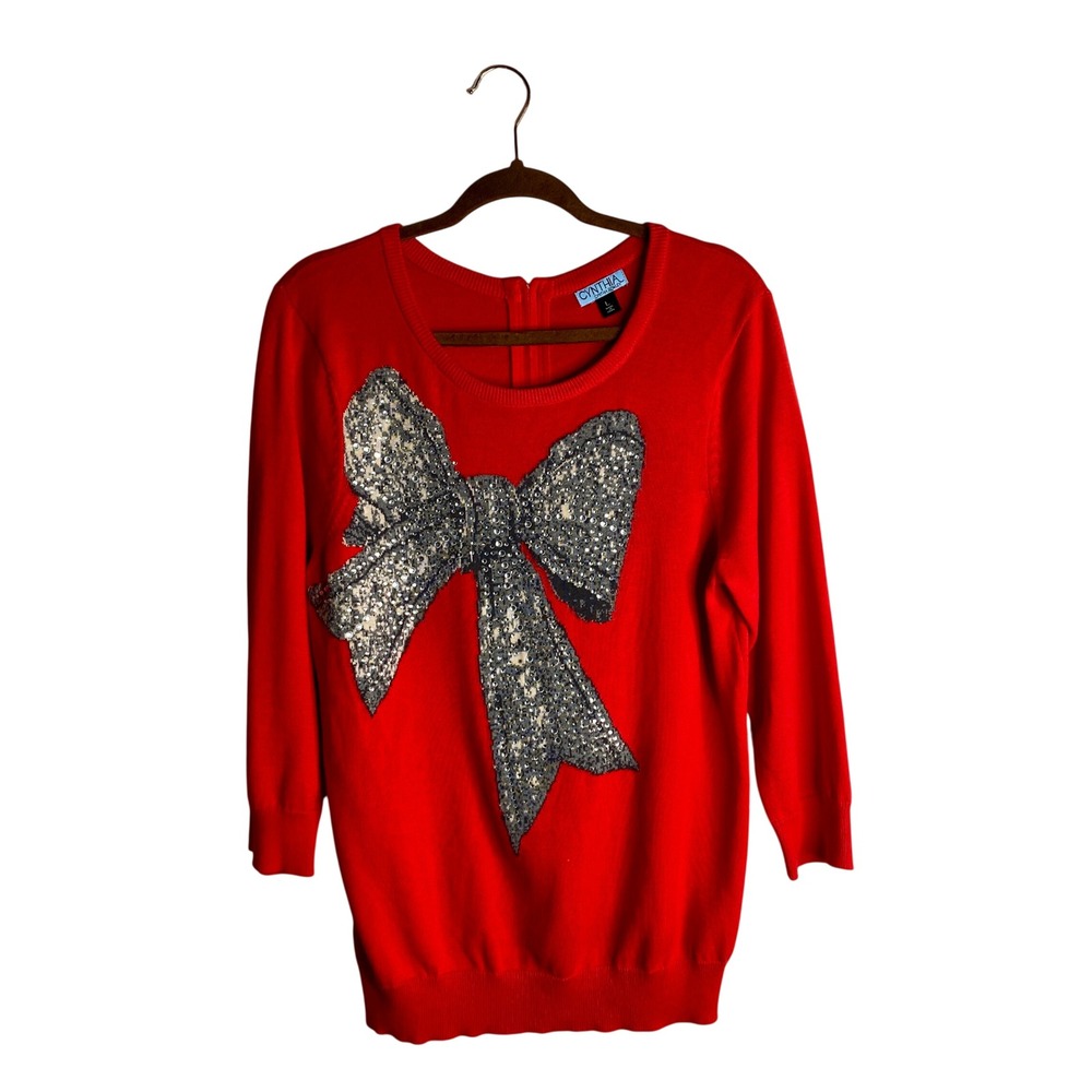 Cynthia Rowley Red Rhinestone Bow Sweater Coquette Holiday Party LG 3/4 Sleeve